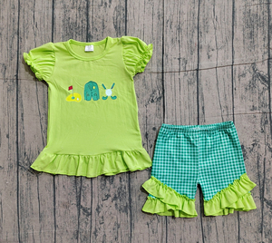 ชุดฤดูร้อนลายกอล์ฟสีเขียวสำหรับเด็กผู้หญิงรุ่น GSSO3033 แบบกำหนดเอง ชุดเสื้อแขนสั้นกับกางเกงขาสั้นสำหรับเด็กผู้หญิงขายส่ง - Product Image 1