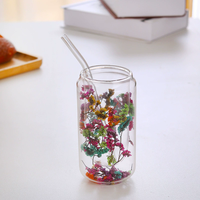Mug en verre borosilicate soufflé à la main à double paroi avec intercouche de fleurs séchées, résistant à la chaleur, capacité 300 ml pour café et boissons froides