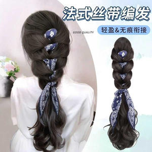 Clip à cheveux rétro tressé avec foulard floral, extension de cheveux en fibre haute température à connexion naturelle et discrète, marron noir - Product Image 4