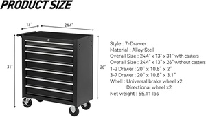 7引き出し黒ローリングツールチェストキャビネットキーロック大容量金属製ツールボックスホイールロール収納オーガナイザーガレージ用 - Product Image 3