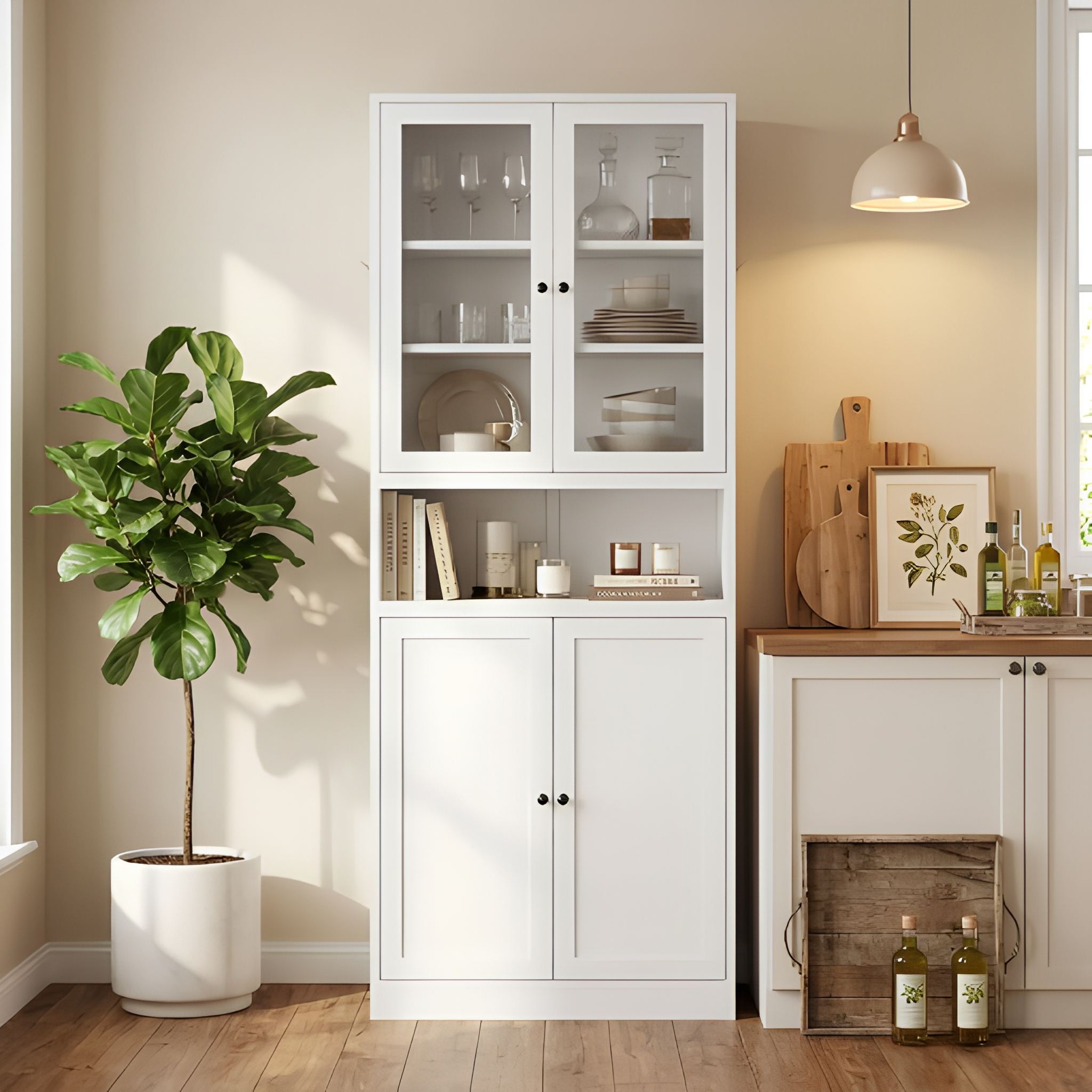 Vitrina de metal blanco con puertas de cristal