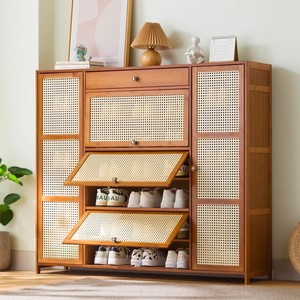 Bamboo and rattan woven <b>shoe</b> cabinet, dustproof, simple indoor <b>storage</b> for home use, with cabinet doors and <b>shoe</b> <b>rack</b>. - Product Image 1