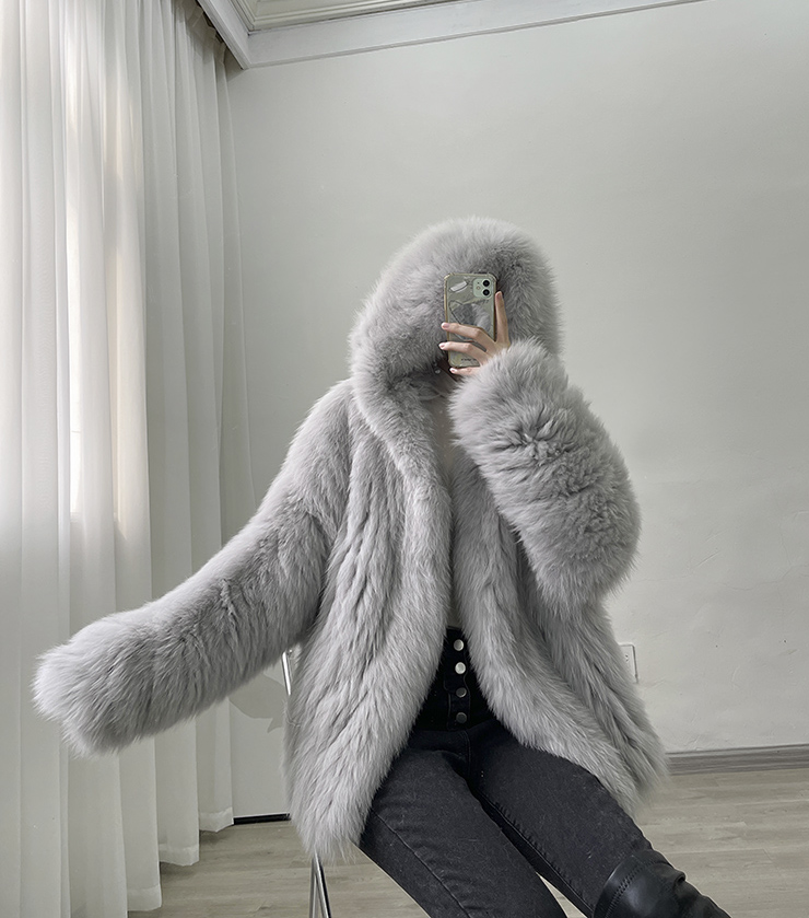 Plus Size White Bear Fox Fur Coat With Hooded Real Fluffy Fur