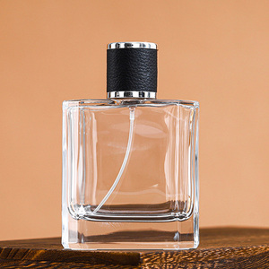 Venta al por mayor 100mL biselado plano cuadrado espesar Base botella <span class=keywords><strong>de</strong></span> perfume <span class=keywords><strong>de</strong></span> vidrio transparente con <span class=keywords><strong>tapa</strong></span> <span class=keywords><strong>de</strong></span> cuero - Product Image 3