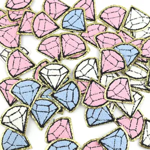 Parches de bordado de chenilla con purpurina en forma de diamante, autoadhesivo, color rosa, azul y blanco, accesorios para bolsos de ropa