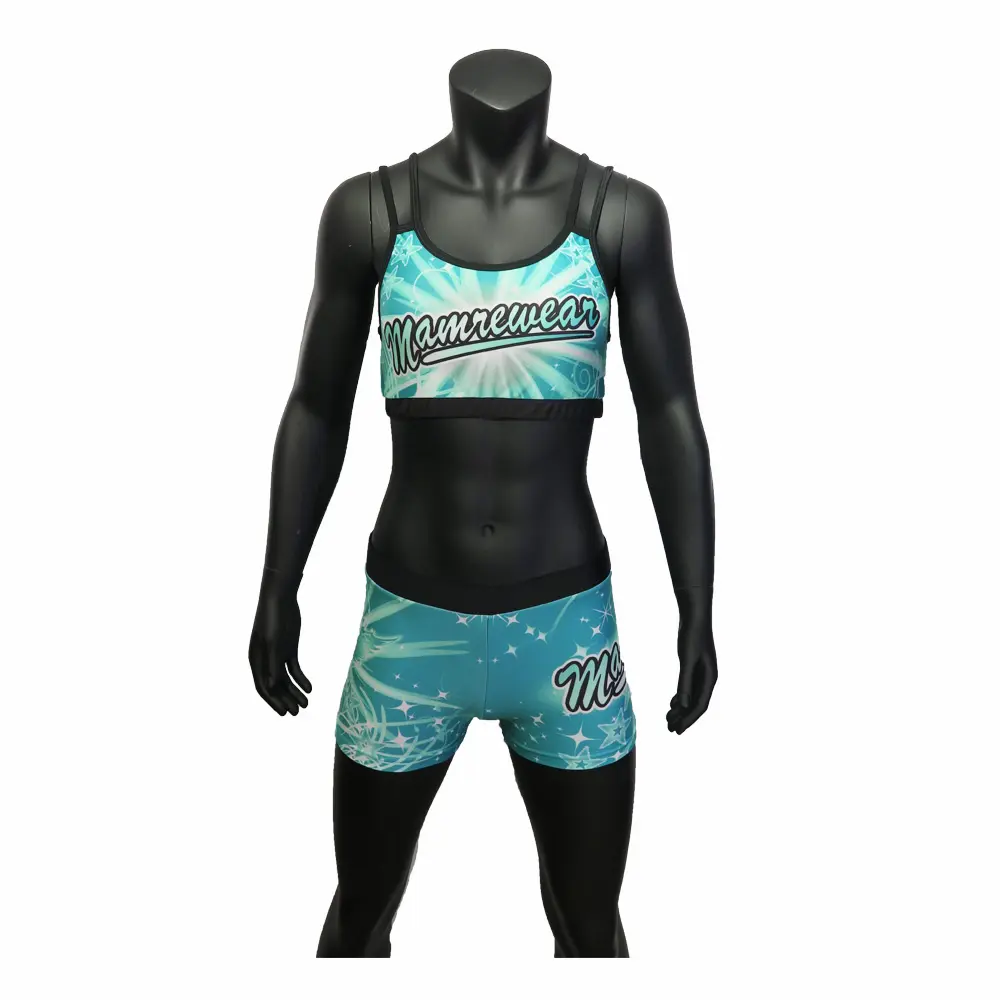 Mamrewear teal cheer uniforms,sublimation cheer short and cheer padded sports bra with hole in back