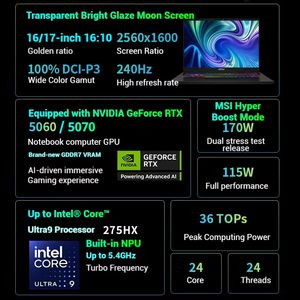 <span class=keywords><strong>Ordinateur</strong></span> portable <span class=keywords><strong>gamer</strong></span> <span class=keywords><strong>MSI</strong></span> Ultra 9 285HX avec Intel Core RTX 5070 5060, clavier anglais, <span class=keywords><strong>ordinateur</strong></span> portable pour joueurs, jeux - Product Image 2