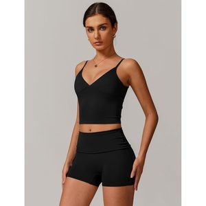 Conjunto Deportivo de Dos Piezas, Top Corto con Cuello en V y Pantalones Cortos de Cintura Alta para Mujer, Ropa de Gimnasio y Yoga, Talla M, Spandex y Poliéster - Product Image 2