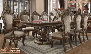 Bens — ensemble de Table à manger ancien, complet de style européen Vintage, en bois traditionnel sculpté - Product Image 6