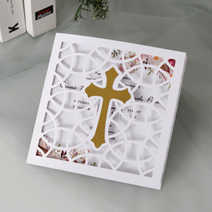Carte d'invitation blanche laser 3D avec croix dorée, style européen et américain, pour baptême, en stock usine - Product Image 5