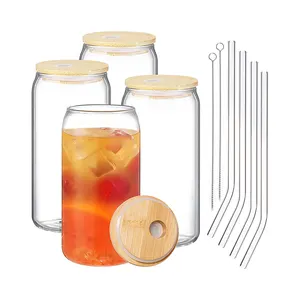 16oz Custom Soda Glassware bicchiere da caffè in vetro ghiacciato bicchiere da bere bicchieri da birra lattina di vetro con cannuccia con coperchio in bambù