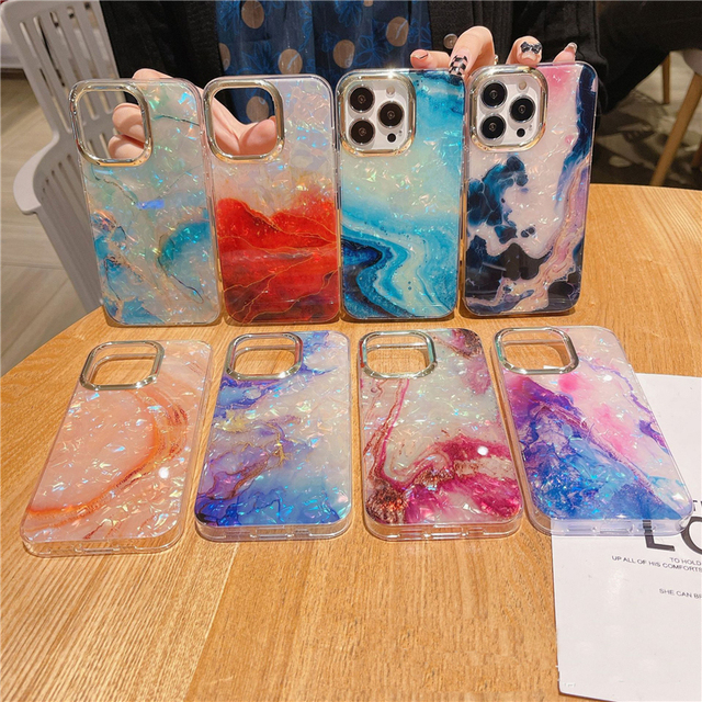For iPhone 13 Pro Max Fashion Glitter Marble Phone Case for iPhone 11 12 13 Pro Max XR X XS Max Plating Watercolor Back Cover