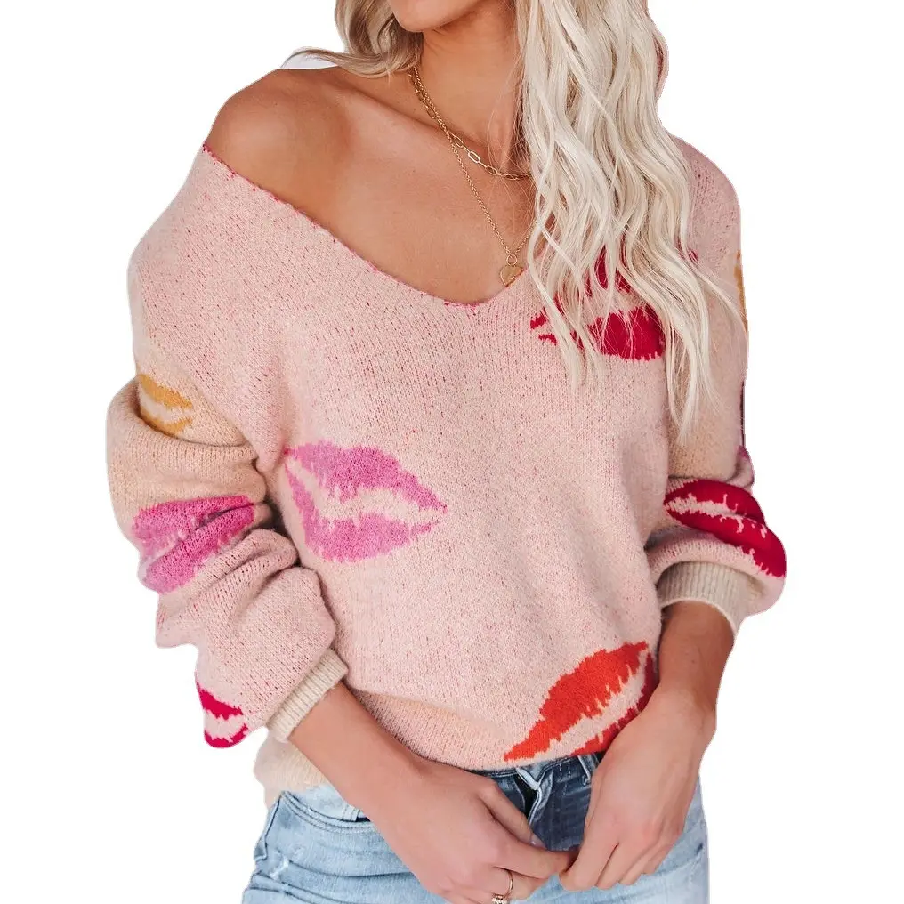 Hot Selling Fall Fashion Design Women Kiss Print V-Neck Long-Sleeve Sweaters Women Tops