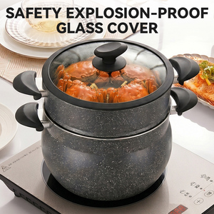 Batterie de cuisine antiadhésive en aluminium pressé, compatible induction, avec revêtement marbré, comprenant marmite à soupe, couscoussier, cuiseur vapeur et <span class=keywords><strong>cocotte</strong></span>, avec couvercle en verre - Product Image 5