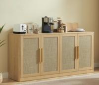 Buffet en rotin de 67 pouces, armoire de rangement à 4 portes, grande commode avec étagères, style bohème en chêne, pour salon/salle à manger/cuisine/entrée