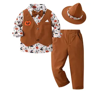 Wholesale BabyClothing Halloween Pumpkin Performance Clothing Children's Clothing Baby Wizard Hat Three Piece Set for Boys