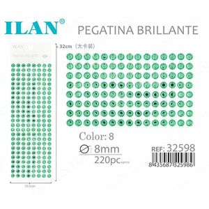 Ilan Adesivo Brillante 8mm con Strass Verde, 220 Pezzi su Grande Cartoncino - Product Image 1