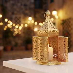 Lanterne porte-bougie marocaine en métal doré de luxe moderne avec un design unique, décoration artisanale pour la maison, lanterne de table - Product Image 2