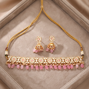 Latest Market Design of Kundan Pink Choker Necklace Set Rhodium Plating <b>Titanium</b> Beads Butterfly Shape 301415 for Women Girls - Product Image 2