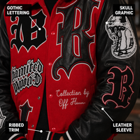 Maßgefertigte Rote Wolljacke mit Schwarzen Lederärmeln Gotische B-Bestickte Totenkopf-Grafik Varsity-Jacke für Herren Urban Night Streetwear