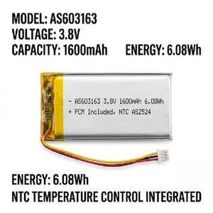 แบตเตอรี่ลิเธียมโพลิเมอร์แบบโซลิดสเตต 1600mAh 3.8V พร้อมระบบควบคุมอุณหภูมิ NTC และแผงวงจรพิมพ์ในตัว สำหรับอุปกรณ์อิเล็กทรอนิกส์ - Product Image 1
