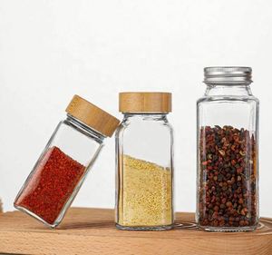 Frascos de Vidrio para Almacenamiento de Especias de 120 ml (4 oz) con Tapa de Bambú, Botella Cuadrada para Almacenamiento de Alimentos, Acceso con Tarjeta Magnética - Product Image 1