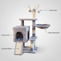 Arbre à chat à trois niveaux en bois et sisal avec panier-cabanon en peluche, hamac et rampe d'escalade pour chats