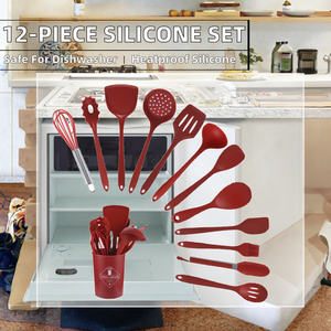 Classic 12-Piece <b>Silicone</b> Metal Kitchen Cooking Utensils Set Smart <b>Tools</b> Big Small Sizes Red Color Dishwasher Microwave Freezer - Product Image 2