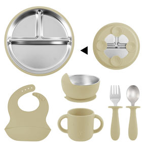 Vaisselle ronde pour enfants divisée en compartiments, assiettes en acier inoxydable pour bébé, manchons en silicone avec ventouses - Product Image 3