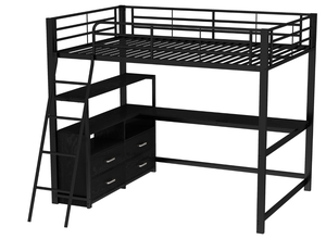 Cama de <span class=keywords><strong>dos</strong></span> niveles con <span class=keywords><strong>escalera</strong></span> negra y barandilla antideslizante, la sección inferior tiene cajones y un escritorio. Ideal para dormitorios. - Product Image 5