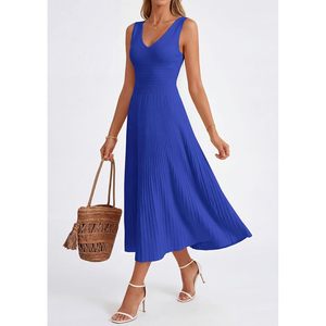 Vestido midi plisado sin mangas con cuello en V para mujer, informal, línea A, tejido, transpirable, para trabajo, cóctel, boda, invitada. - Product Image 5