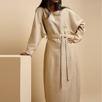 Fabricants de vêtements en lin personnalisés haut de gamme rétro col rond couleur unie décontracté robe mi-longue pour femmes