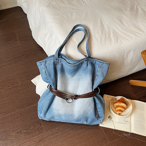 Korean Style Lazy Vintage Denim Saddle Shape Shoulder <b>Bag</b> Letter Pattern Minimalist Retro Artistic Design for <b>College</b> Students - Product Image 6