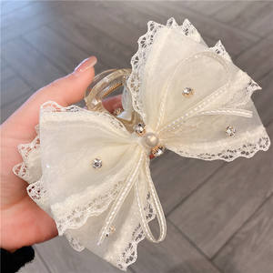 Pince à cheveux en dentelle française avec nœud, grande pince requin en tissu pour femmes, accessoires de coiffure de mariée - Product Image 3