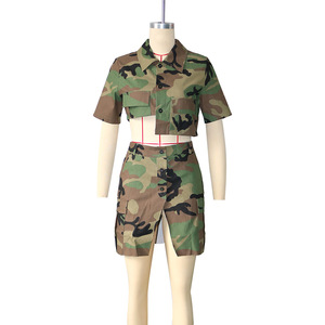 Ropa informal de verano para mujer, camisa con botones estampados de camuflaje y minifalda con abertura alta, trajes de dos piezas a juego, venta al por mayor - Product Image 5