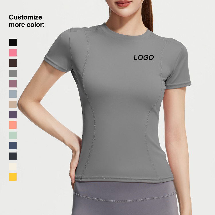 Women's Breathable Nylon Sports Bra Short Sleeve Round Neck Yoga Top for Running and Fitness Top Sports T-Shirt