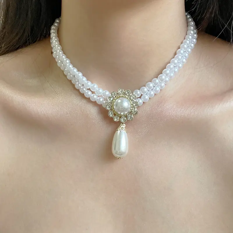Gioielli Vintage diamanti a doppio strato girocollo di perle collana con perline a catena a goccia di fiori collana di perle barocche da donna