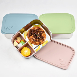 3 Compartment Stainless Steel Lunch <b>Box</b> With Plastic Lid BPA Free Leak Proof Portable Rectangle Shape Simple Style - Product Image 3