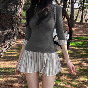 Vestido de punto a rayas estilo preppy INS con patchwork, de dos piezas, cintura ajustada, corte A, mini vestido informal estilo universitario para mujer - Product Image 2