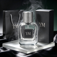 Flacon de parfum vide rechargeable en verre transparent plat de 30 ml avec capuchon pulvérisateur argenté estampé or, logo YM personnalisé, emballage de luxe
