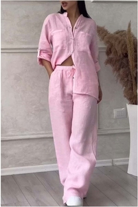 Ensemble Chemise et Pantalon Large Décontracté Couleur Unie à Cordon de Serrage, Style Européen et Américain pour Femme, <span class=keywords><strong>2024</strong></span> - Product Image 5