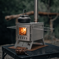 Poêle de tente portable à bois en gros avec cheminée, porte en verre métallique brossé, grilles pliantes, équipement de cuisson pour le camping