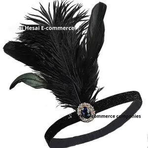 <span class=keywords><strong>Bandeau</strong></span> à plumes noires des années 1920 de Lowosaiwor, accessoire de tête Great Gatsby avec <span class=keywords><strong>ceinture</strong></span> élastique pour mariage - Product Image 2