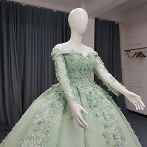 Lsany214 Luxury Green <b>Ball</b> Gown Wedding Dress Ruffled Lace Appliques Beaded Detail Brush Plus Size Wedding Dress Jancember - Product Image 4