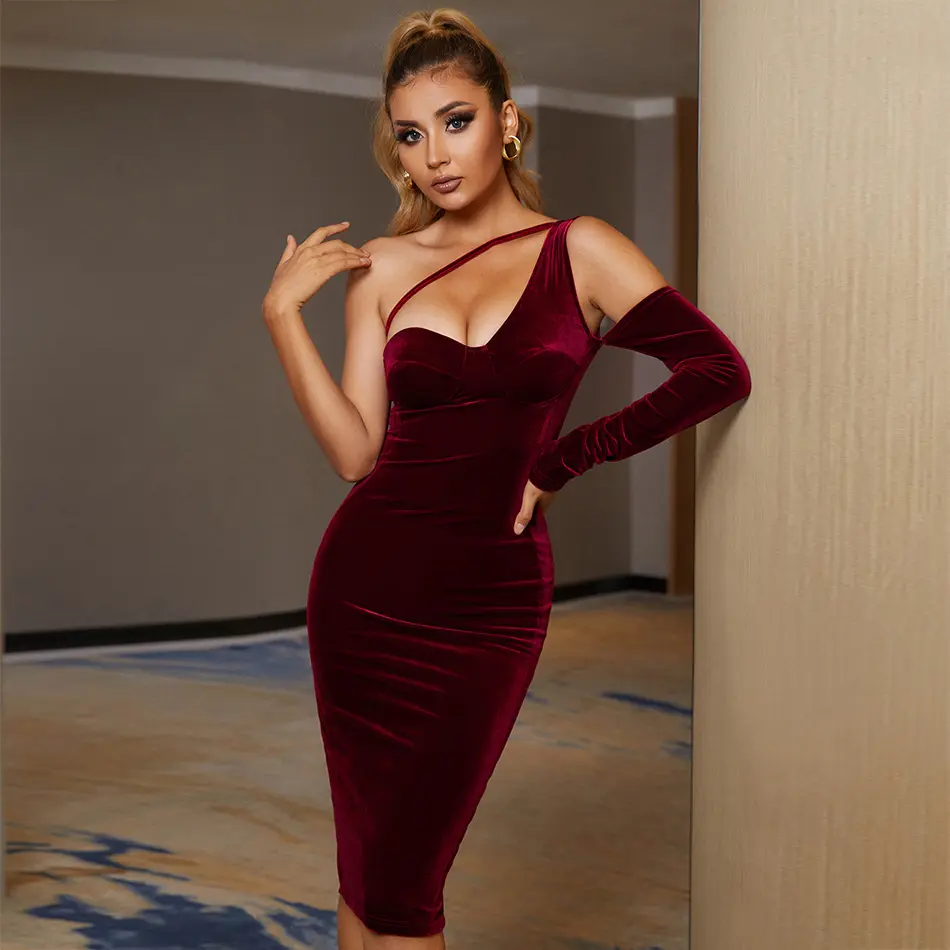 Custom one shoulder wine red burgundy velvet maxi corset prom dresses prom ball gown for party host sexy dress