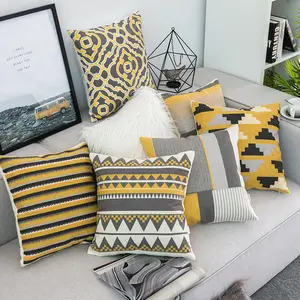 Sarung Sofa Polos 3D Desain Bordir Geometris Abu-abu Kuning, Sarung Bantal Sofa Desain Bordir Geometris