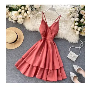 New Beach Vacation Dress Sexy Backless Lace-Up Double Layer Ruffled A-Line Spaghetti Strap Party Dress