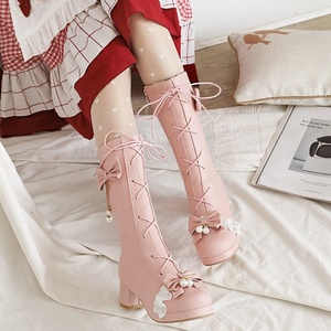 2020 New Arrivals Cosplay Mid-Calf Side Zip Women Boots Fashion Pearl Bowtie <b>Round</b> <b>Toe</b> Boots Shoes Large Size 46 Booties - Product Image 4