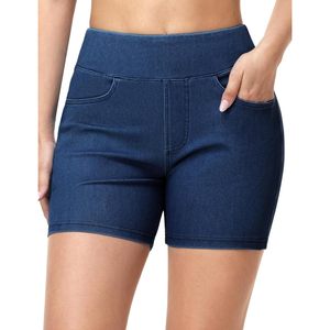 FOXA Women's High Waisted Stretchy Denim Shorts With Pockets <b>Booty</b> Lifting Pull On Jean Shorts - Product Image 2