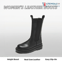 Sepatu Boots Wanita Kulit Sapi Asli Setengah Betis Model Slip-On, Bernapas, Meningkatkan Tinggi Badan, untuk Musim Semi, Gugur, dan Dingin